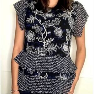 2/$15 Cabi Hybrid Layered Blouse Navy Blue Floral Ruffle Sleeve #5355 Size S
